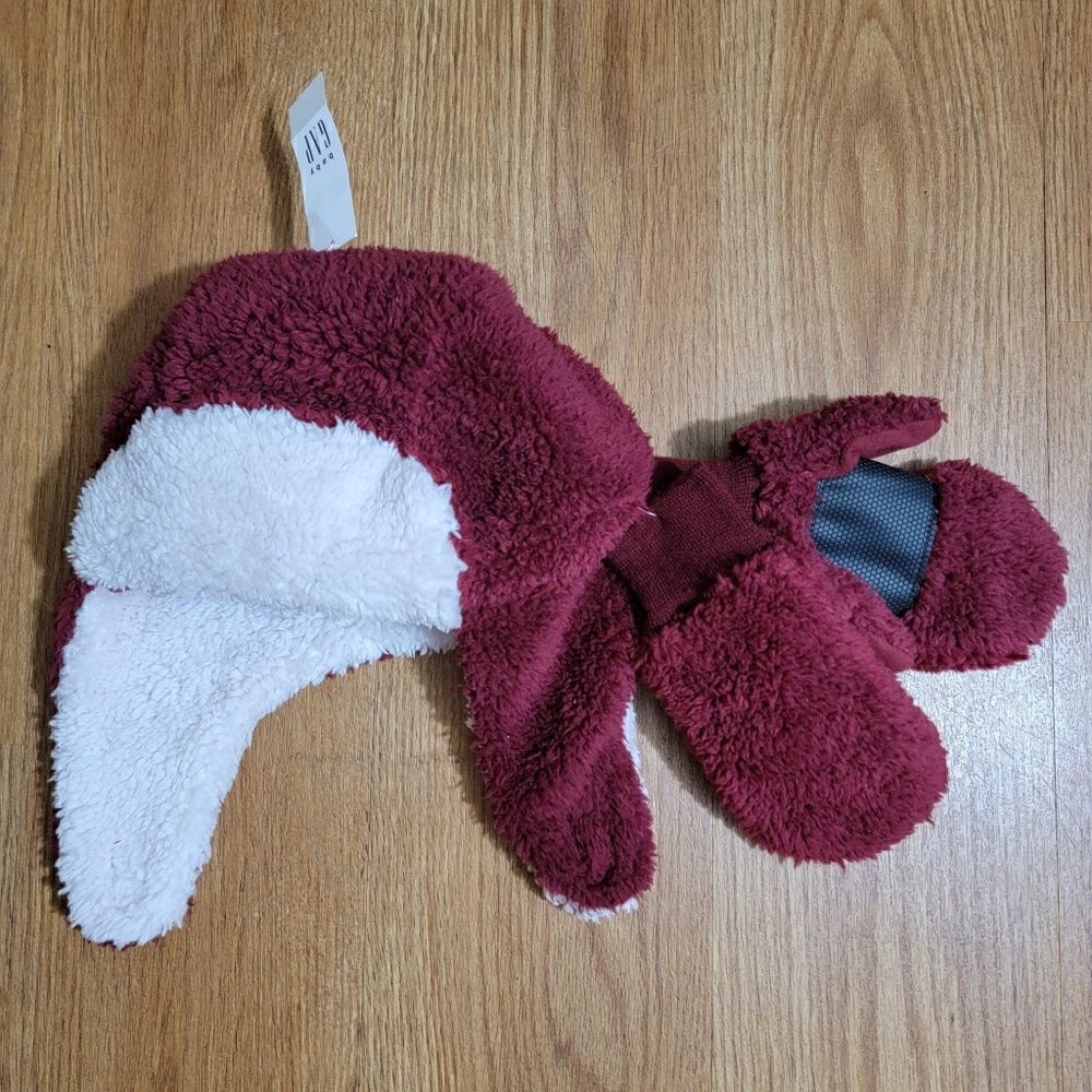 Gap Kids Hat And Mittens Set Burgundy White Sherpa New With Tags